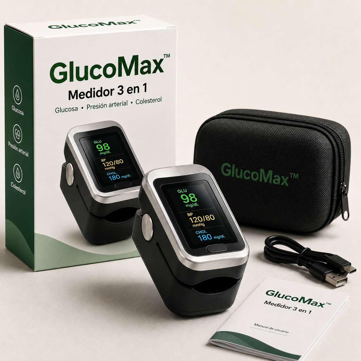 GlucoMax™ 3 en 1 - Medidor de Glucosa Sin Dolor + Colesterol + Presión Arterial + Oxígeno + ENVÍO GRATIS